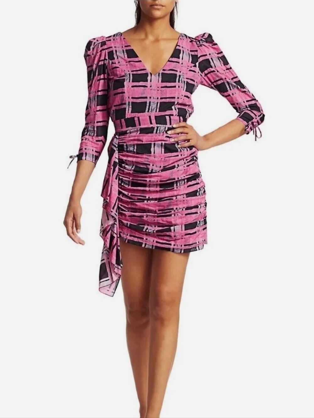 Rhode Women's S Pink & Black Ruched Plaid V-Neck Women's Dress